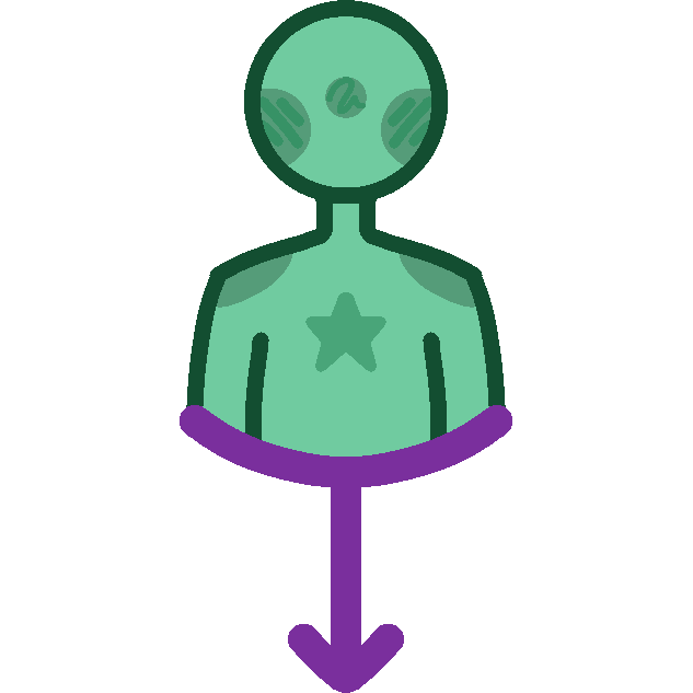 a nondescript green person with a star on their chest is positioned above a downward-pointing purple arrow, which has a upward curving base which the body sits inside of.